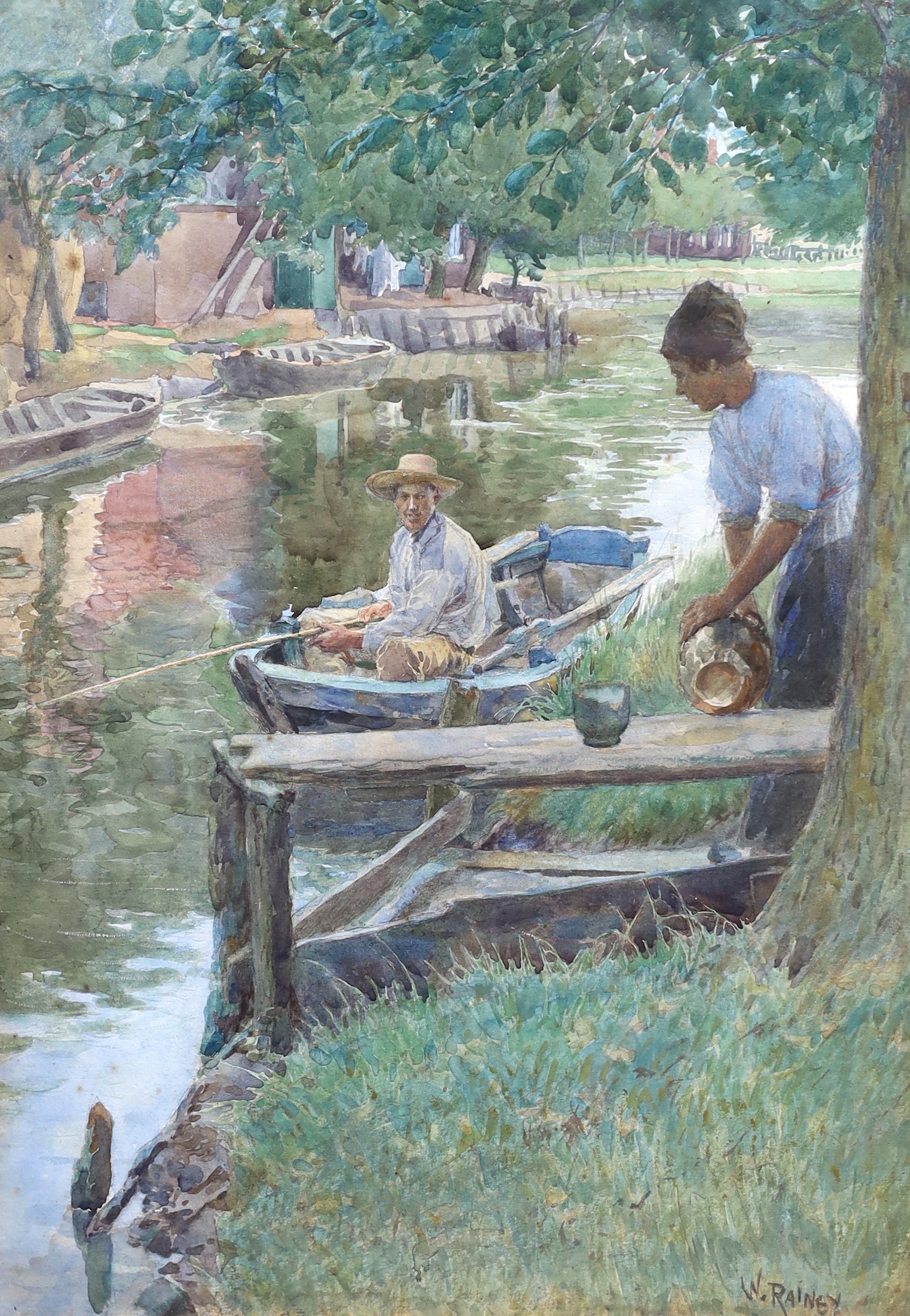 William Rainey (1852-1936), watercolour, 'On the riverbank', signed, 40 x 28.5cm. Condition - fair, some spots of foxing
